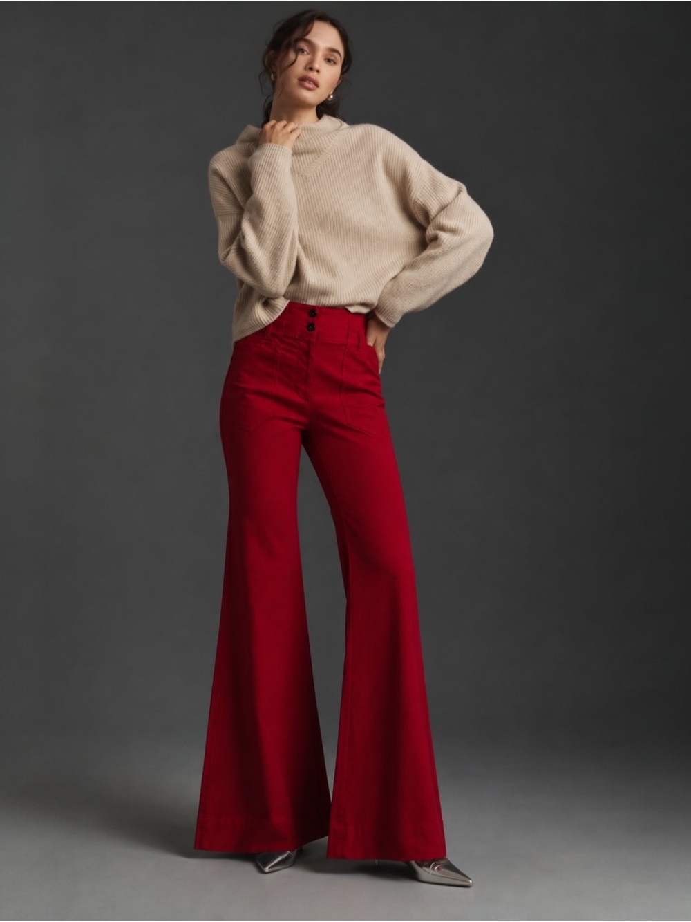 Anthropologie Maeve The Naomi Wide Leg Flare Pants Red Linen Blend Tall Size 12